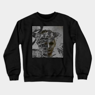 Beautiful girl face, overlay of knight arm with armor. Warrior. Crewneck Sweatshirt